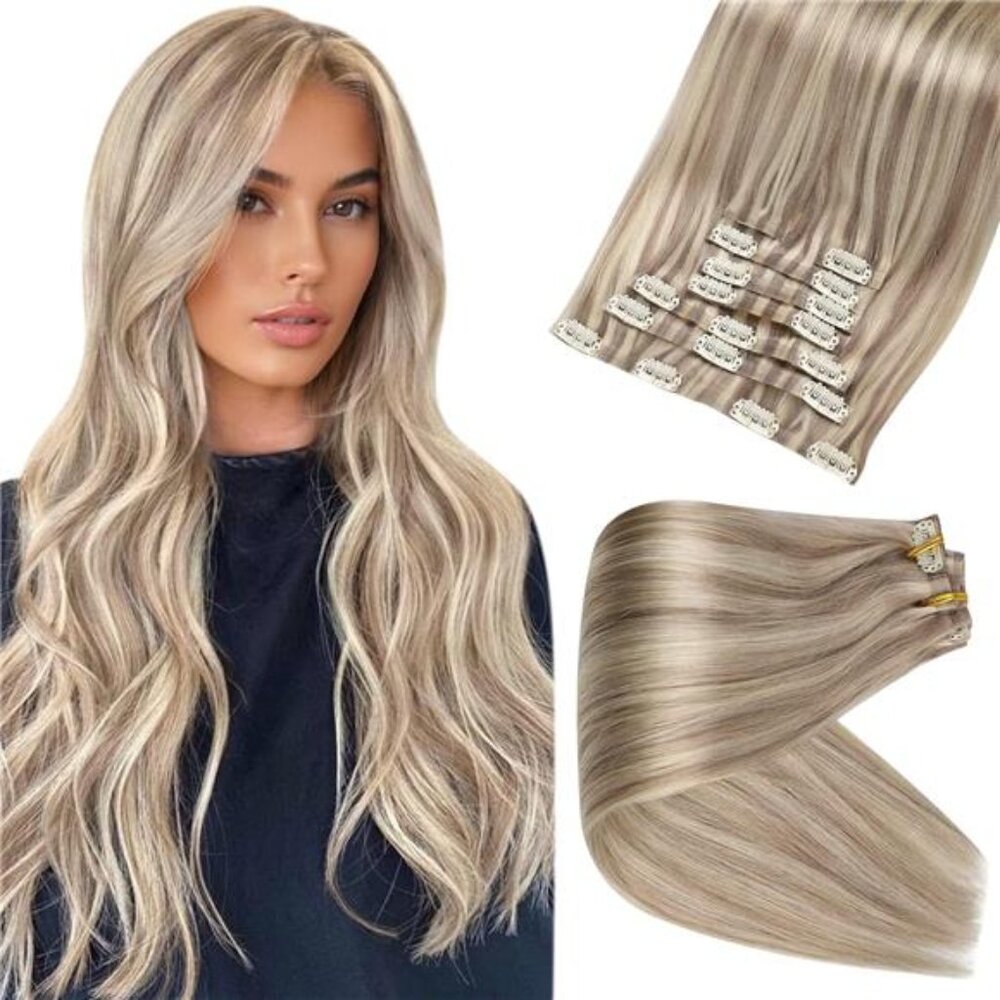 Full Shine Ash Blonde Clip in Extensions Human Hair 22 Inch Pu Weft Real Hair